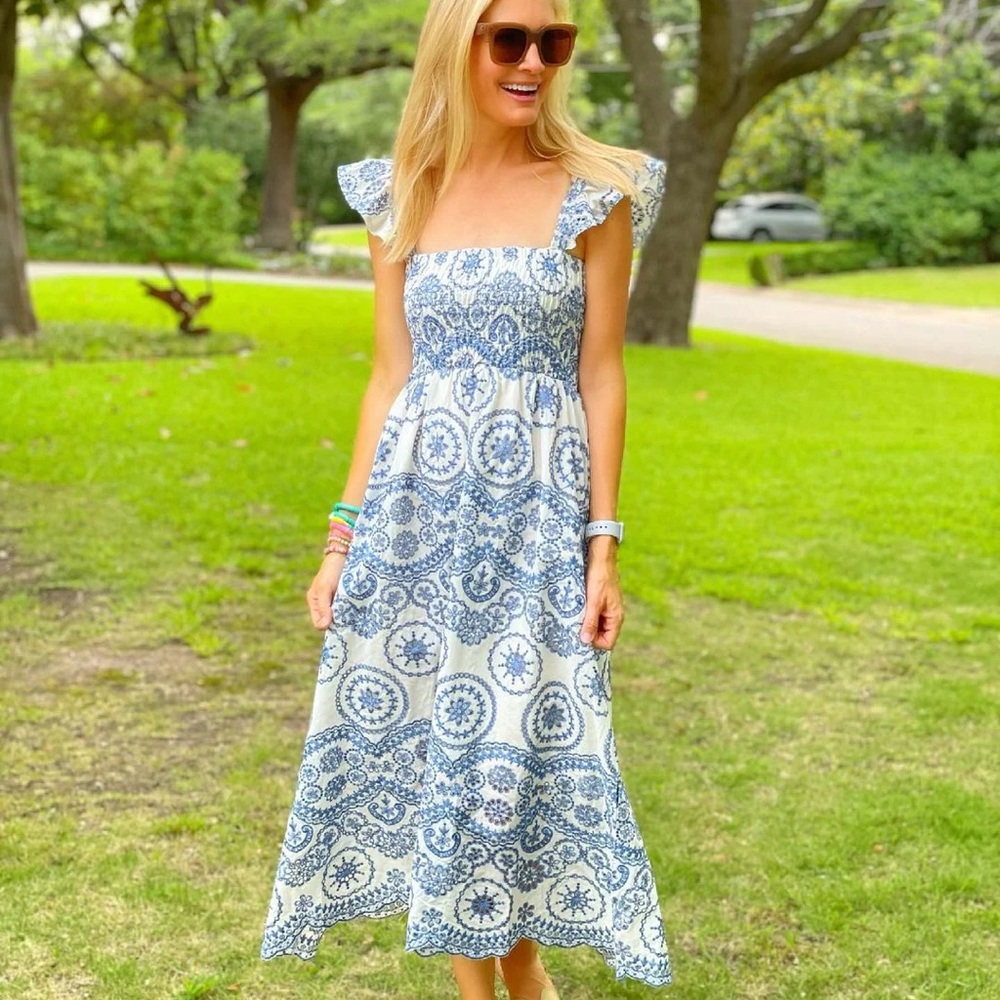 SundayUp Blue Embroidery Hollow Out Smocked Midi Dress